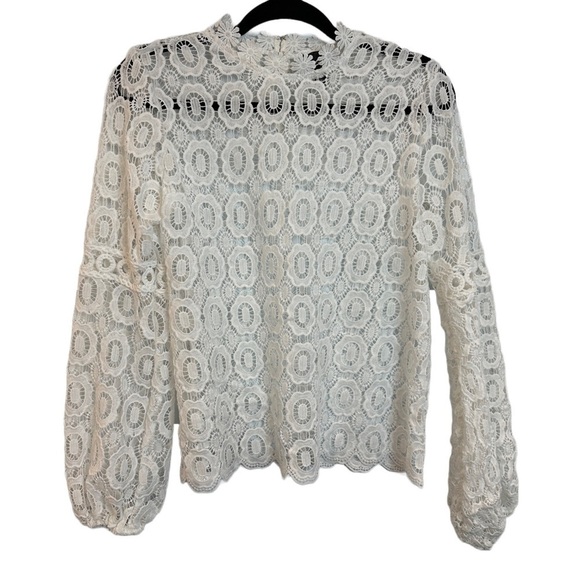 Aqua White Bishop Sleeve Lace Sheer Blouse Small - Picture 2 of 8